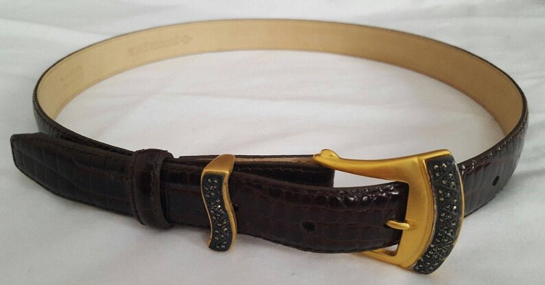 Vintage JUDITH JACK Cordovan Burgundy Calfskin Leather Belt. MARCASITE Brushed Gold Tone Buckle & Keeper. Sz M Classic Elegant 90s. image 1