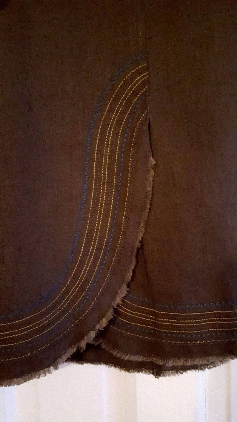 Vintage 90s i.t.w 100/% Linen Skirt Medium by claude brown Brown Silk /& Embroidered Trim Flattering Interesting Design Flared SALE