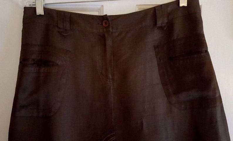 Vintage 90s i.t.w 100/% Linen Skirt Medium by claude brown Brown Silk /& Embroidered Trim Flattering Interesting Design Flared SALE