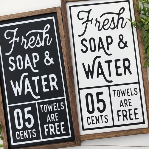 Funny Farmhouse Bathroom Sign - Fresh Soap & Water Hand Towels Free Wood Plaque 6x12 Inch