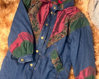 Vintage Two Twenty Denim Ski Jacket: Southwestern Tapestry, Oversized Fit (L)