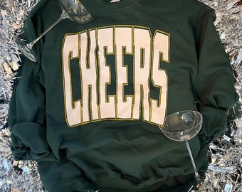 Forest Green “CHEERS” Sweatshirt • Gold Glitter Outline • Holiday Party Sweatshirt • Christmas Crewneck