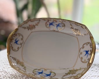 Antique Nippon Porcelain Serving Dish, Hand Painted Blue Swallows and Gold