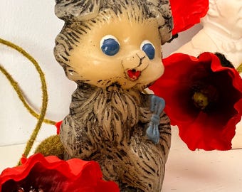 Vintage Chalkware Bear Figurine | Mid Century Nursery Decor | Kitschy Blue Eyed Teddy Shelf Accent