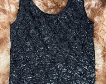 Vintage 60s Black Beaded Sequin Fringe Top