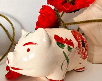 Vintage Hand Painted Folk Art Pig – Red Floral Ceramic Farmhouse Holiday Decor
