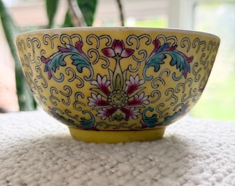 Vintage Chinese Mun Shou Longevity Bowl, Yellow Famille Rose Porcelain