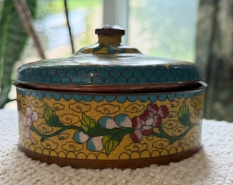 Vintage Chinese Cloisonné Trinket Box, Yellow Floral Enamel Lidded Box, Turquoise Interior
