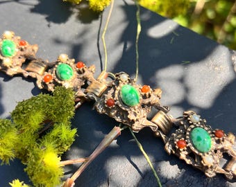 Vintage Florenza-Style Bracelet: Baroque Revival Faux Pearl & Jade