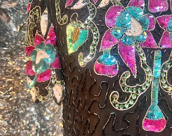 Vintage 80s Laurence Kazar Silk Sequin Top – Magenta Teal Floral Party Blouse