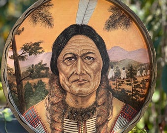 Vintage Native American Portrait Tray: Mid-Century Western Barware