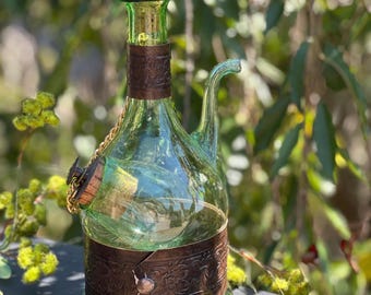 Vintage Green Glass Decanter: Embossed Metal, Mid-Century Barware