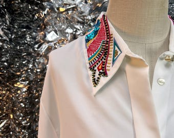 Karen Scott Embellished Beaded Collar Blouse – Vintage Glam White Button Down