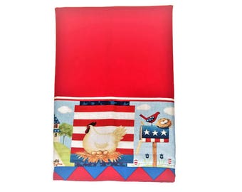 Kitchen Towels     Hand Sewn Embellishments     Rooster and Hens   Red White and Blue