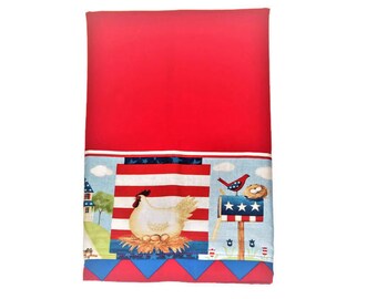 Kitchen Towels     Hand Sewn Embellishments     Rooster and Hens   Red White and Blue