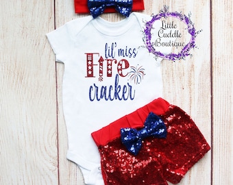 Little Miss Firecracker Fourth of July Outfit, 1st Fourth of July Bodysuit, Patriotic Baby, 4th of July Outfit, Firework Outfit, First July