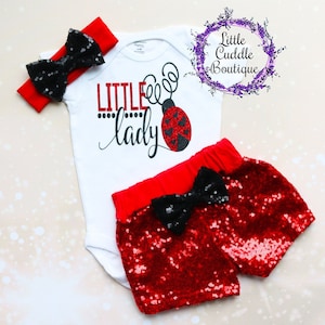 Little Lady Bug Baby Outfit, Baby Girl Outfit, Sequin Shorts, Lady Bug Shirt, Lady Bug Bodysuit, Lady Bug Birthday, Photoshoot Outfit