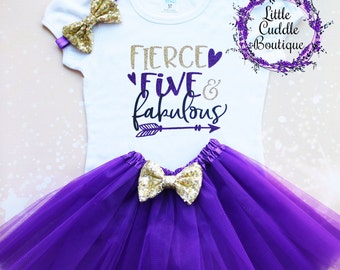 Fierce Five & Fabulous Birthday Tutu Outfit, Fifth Birthday Shirt, 5 Year Old Birthday Outfit, 5th Birthday Shirt, Five Year Old Party, Five