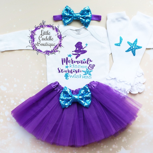 Mermaid Kisses And Starfish Wishes Tutu Outfit, Baby Outfit, Under The Sea Birthday, 1st Birthday Outfit, Seashell Birthday Outfit, Mermaid