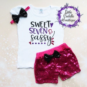 Sweet Seven & Sassy Birthday Shorts Outfit, 7 Year Old Girl Birthday Outfit, Sweet 7 And Sassy, 7th Birthday Outfit, Seven Year Old Party