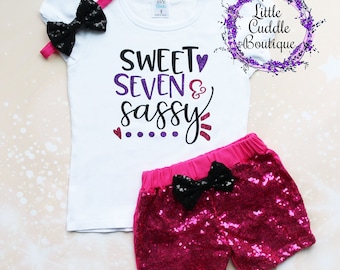 Sweet Seven & Sassy Birthday Shorts Outfit, 7 Year Old Girl Birthday Outfit, Sweet 7 And Sassy, 7th Birthday Outfit, Seven Year Old Party