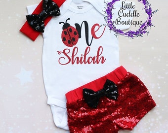 Personalized Ladybug First Birthday Shorts Outfit, Baby Girl Outfit, Ladybug Outfit, Ladybug Shirt, Ladybug One Piece, Ladybug Birthday