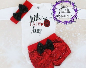 Little Ladybug Baby Outfit, Baby Girl Outfit, Sequin Shorts, Ladybug Shirt, Ladybug Bodysuit, Ladybug Birthday, Photo Shoot Outfit. Lady Bug