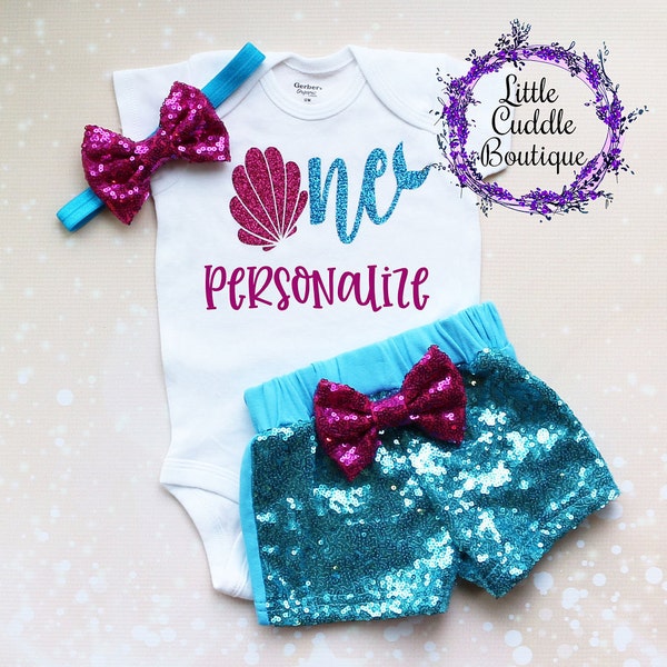 Personalized Seashell Birthday Shorts Outfit, Mermaid Outfit, Under The Sea Birthday, Mermaid Birthday Outfit, First Birthday Outfit, Sea