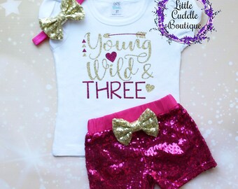 Young Wild And Three Birthday Shorts Outfit, Toddler Girl Birthday Outfit, Young Wild And Free Birthday, 3rd Birthday Outfit, Young And Wild