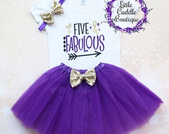 Five & Fabulous Birthday Tutu Outfit, Toddler Girl Birthday Outfit, 5 Year Old Birthday Outfit, 5th Birthday Shirt, Five Year Old Party