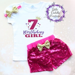 7 Birthday Girl Shorts Outfit, 7 Year Old Girl Birthday Outfit, Sweet 7 And Sassy, 7th Birthday Outfit, Seven Year Old Party, 7th Birthday