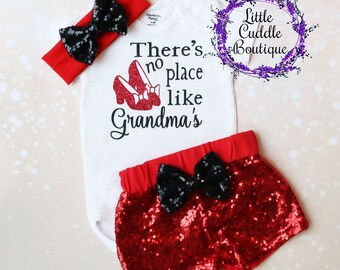 There&#39;s No Place Like Grandma&#39;s Shorts Outfit, Baby Girl Outfit, Sequin Shorts, Baby Outfit, Grandma Gift, Coming Home Outfit, Photo Shoot