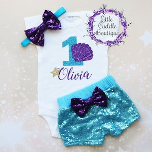 Personalized Seashell Birthday Shorts Outfit, Mermaid Outfit, Under The Sea Birthday, Mermaid Birthday Outfit, First Birthday Outfit, Sea