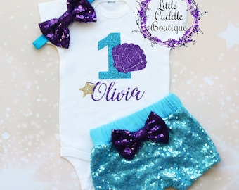 Personalized Seashell Birthday Shorts Outfit, Mermaid Outfit, Under The Sea Birthday, Mermaid Birthday Outfit, First Birthday Outfit, Sea