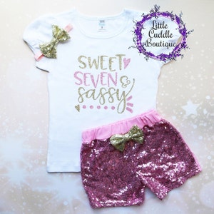 Sweet Seven & Sassy Birthday Shorts Outfit, 7 Year Old Girl Birthday Outfit, Sweet 7 And Sassy, 7th Birthday Outfit, Seven Year Old Party
