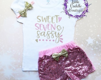 Sweet Seven & Sassy Birthday Shorts Outfit, 7 Year Old Girl Birthday Outfit, Sweet 7 And Sassy, 7th Birthday Outfit, Seven Year Old Party