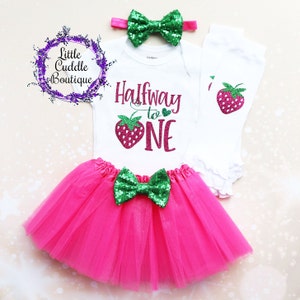 Halfway To One Strawberry Baby Tutu Outfit, 6 Month Outfit, Six Month Outfit, 6 Month Shirt, 6 Month Bodysuits, Girl Half Birthday, Fruit