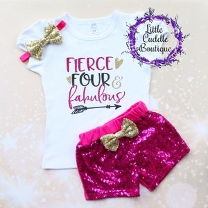 Fierce Four & Fabulous 4th Birthday Shorts Outfit, 4 Year Old Girl Birthday Outfit, 4 And Fabulous, 4th Birthday Outfit, Four Year Old