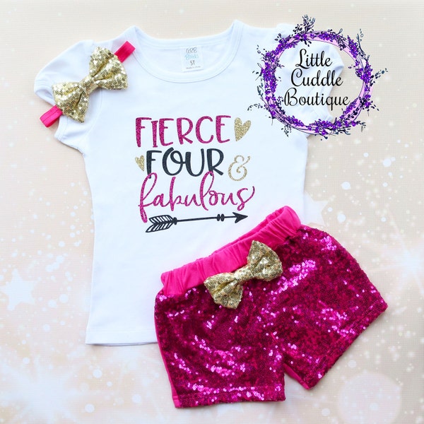 Fierce Four & Fabulous 4th Birthday Shorts Outfit, 4 Year Old Girl Birthday Outfit, 4 And Fabulous, 4th Birthday Outfit, Four Year Old