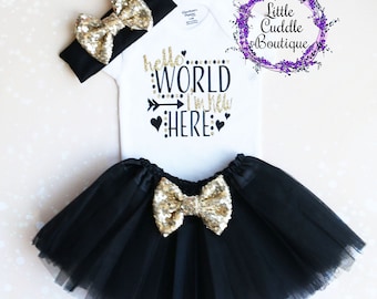 Hola mundo, soy nuevo aquí. Conjunto de tutú para bebé, conjunto para la salida del hospital, conjunto para recién nacido, Hola mundo, camiseta para bebé recién nacido, regalo para bebé recién nacido, bebé