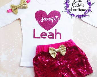 Personalized 7th Birthday Shorts Outfit, 7 Year Old Girl Birthday Outfit, Sweet 7 And Sassy, 7th Birthday Outfit, Seven Year Old Party, 7th