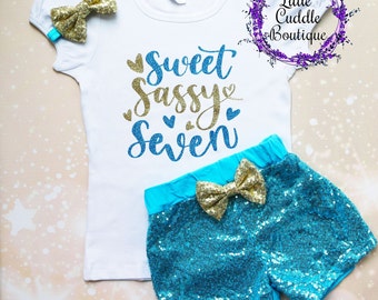 Sweet Sassy Seven Birthday Shorts Outfit, 7 Year Old Girl Birthday Outfit, Sweet 7 And Sassy, 7th Birthday Outfit, Seven Year Old Party