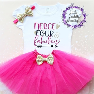 Fierce Four & Fabulous Birthday Tutu Outfit, Fourth Birthday Shirt, 4 Year Old Birthday Outfit, 4th Birthday Shirt, Four Year Old Party,