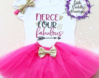 Fierce Four & Fabulous Birthday Tutu Outfit, Fourth Birthday Shirt, 4 Year Old Birthday Outfit, 4th Birthday Shirt, Four Year Old Party,