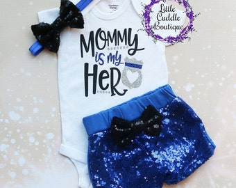 Mommy Is My Hero Police Shorts Outfit, Police Baby Outfit, Police Bodysuit, Baby Outfit, 1st Mother's Day, Mother's Day Gift, Mommy Gift