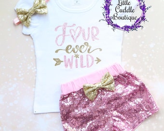 Four Ever Wild 4th Birthday Shorts Outfit, 4 Year Old Girl Birthday Outfit, 4 And Fabulous, 4th Birthday Outfit, Four Year Old, Four & Sassy