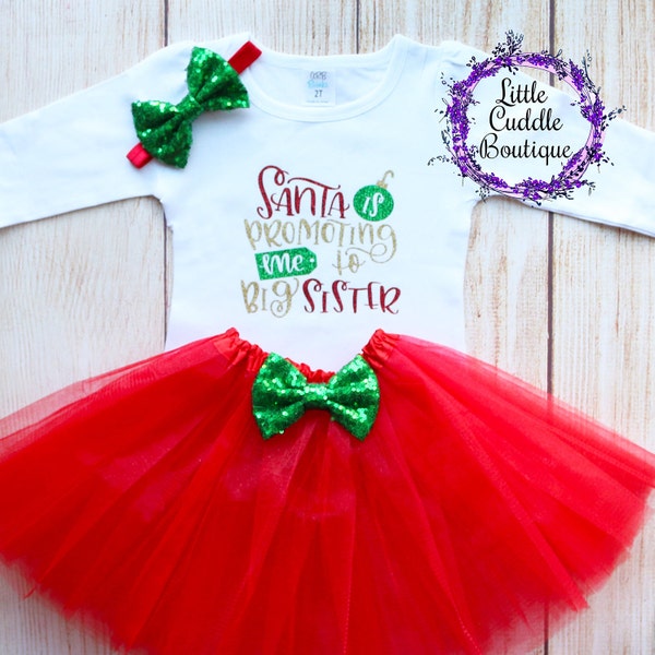 Santa Is Promoting Me To Big Sister Toddler Christmas Tutu Outfit, Christmas Pregnancy Announcement Shirt, Expecting Announcement Outfit