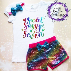 Sweet Sassy Seven Birthday Shorts Outfit, 7 Year Old Girl Birthday Outfit, Sweet 7 And Sassy, 7th Birthday Outfit, Seven Year Old Party