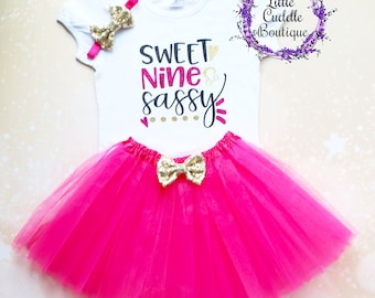 Sweet Nine & Sassy 9th Birthday Tutu Outfit,  Girl Birthday Outfit, 9 Year Old Birthday Outfit, 9th Birthday Shirt, Nine Year Old Party, 9th