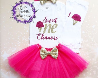 Spersonalizowany strój urodzinowy Sweet One Ice Cream Tutu, strój na pierwsze urodziny, koszulka z lodami, body z lodami, Sweet One